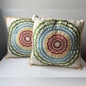 Pair of Embroidered Rainbow Mandala Throw Pillows 15” x 15” colorful decor